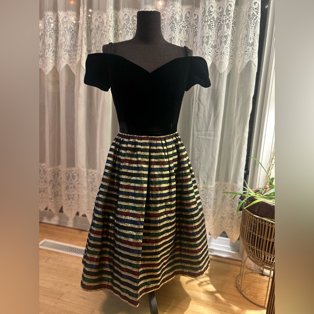 Vintage 1950s Nu-Mode Velvet & Metallic Stripe Party Dress